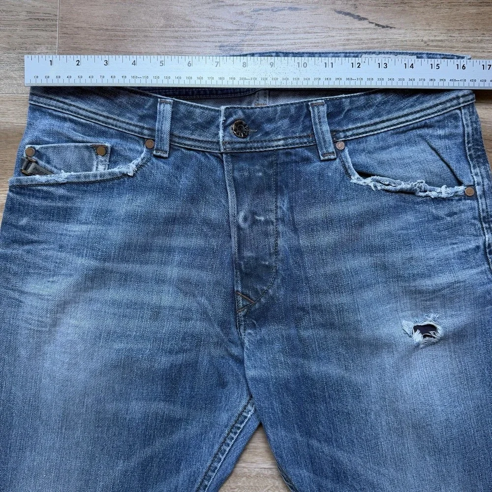 Diesel Darron Jeans Men 33x27 Blue Slim Tapered Distressed Dark Wash (Hemmed)